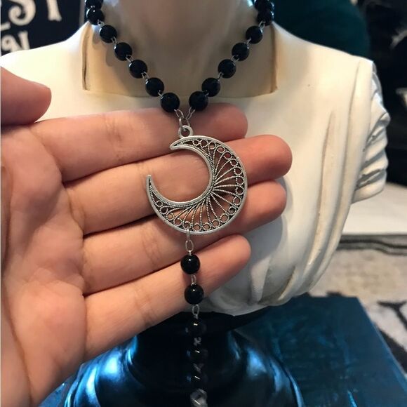 Gothic Black Bead Necklace, Silver Tone Moon, White Crystal, Long Length - Picture 3 of 6